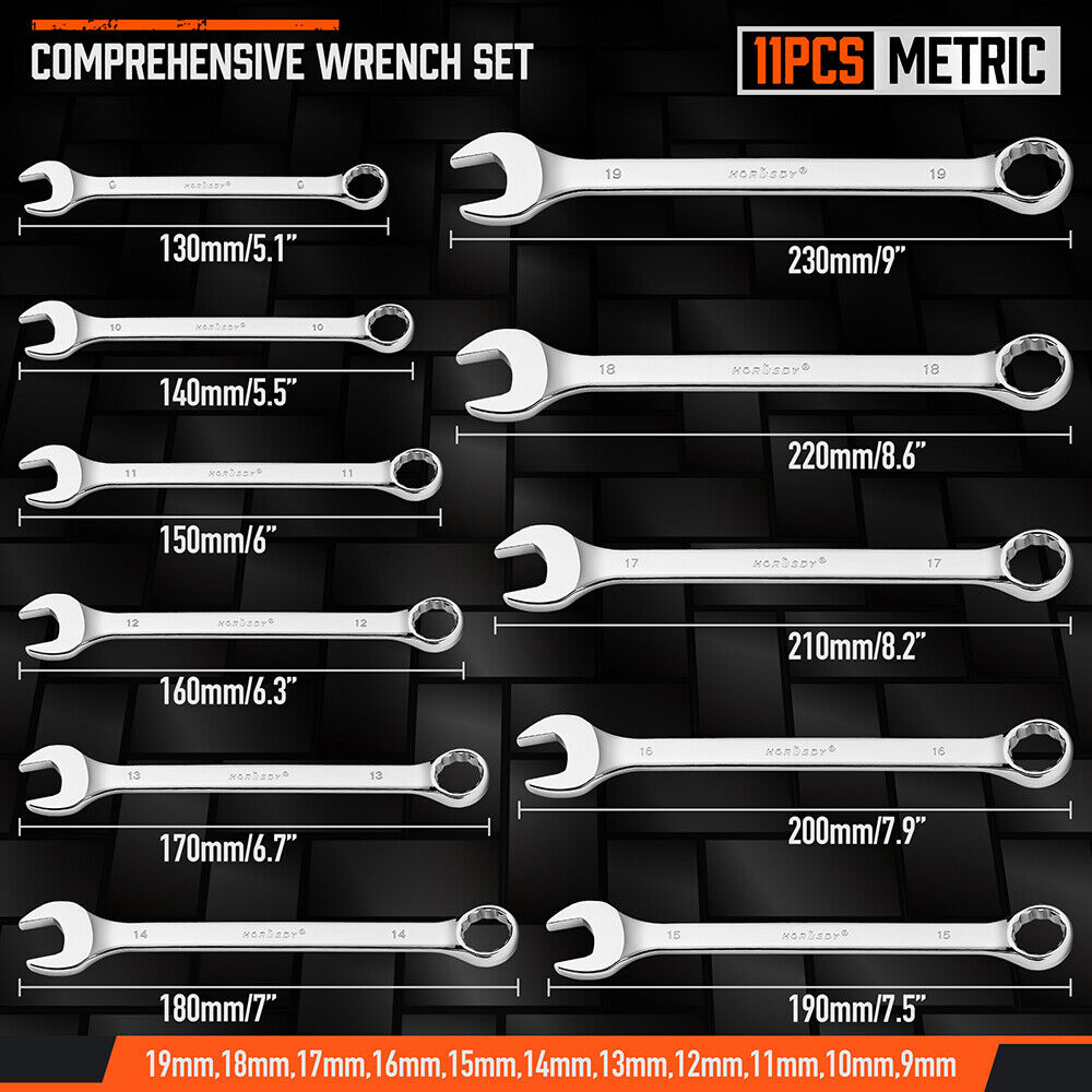 22-piece combination spanner set in SAE and metric sizes, made from durable CR-V steel, featuring corrosion resistance and a portable storage tray.