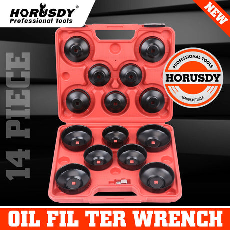 15-piece cup type oil filter wrench tool set for automotive maintenance, including various sizes of oil filter sockets in a red carrying case.