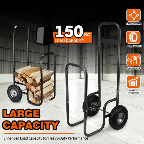 HORUSDY heavy-duty firewood cart with 150kg load capacity, sturdy frame, and large rubber wheels, perfect for transporting wood