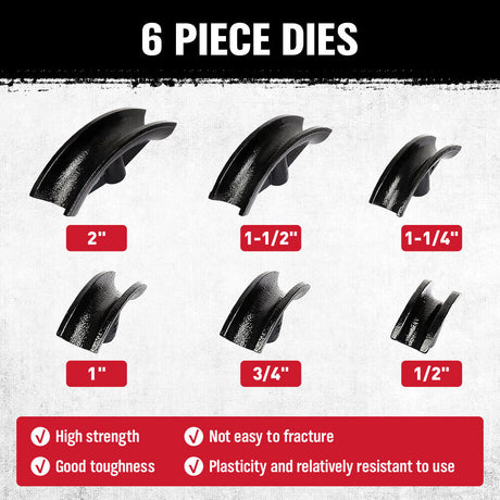 12-ton hydraulic pipe bender with 6-piece die set for precision 90-180 degree bending of steel, aluminum, and copper pipes, ideal for professional metalworking.