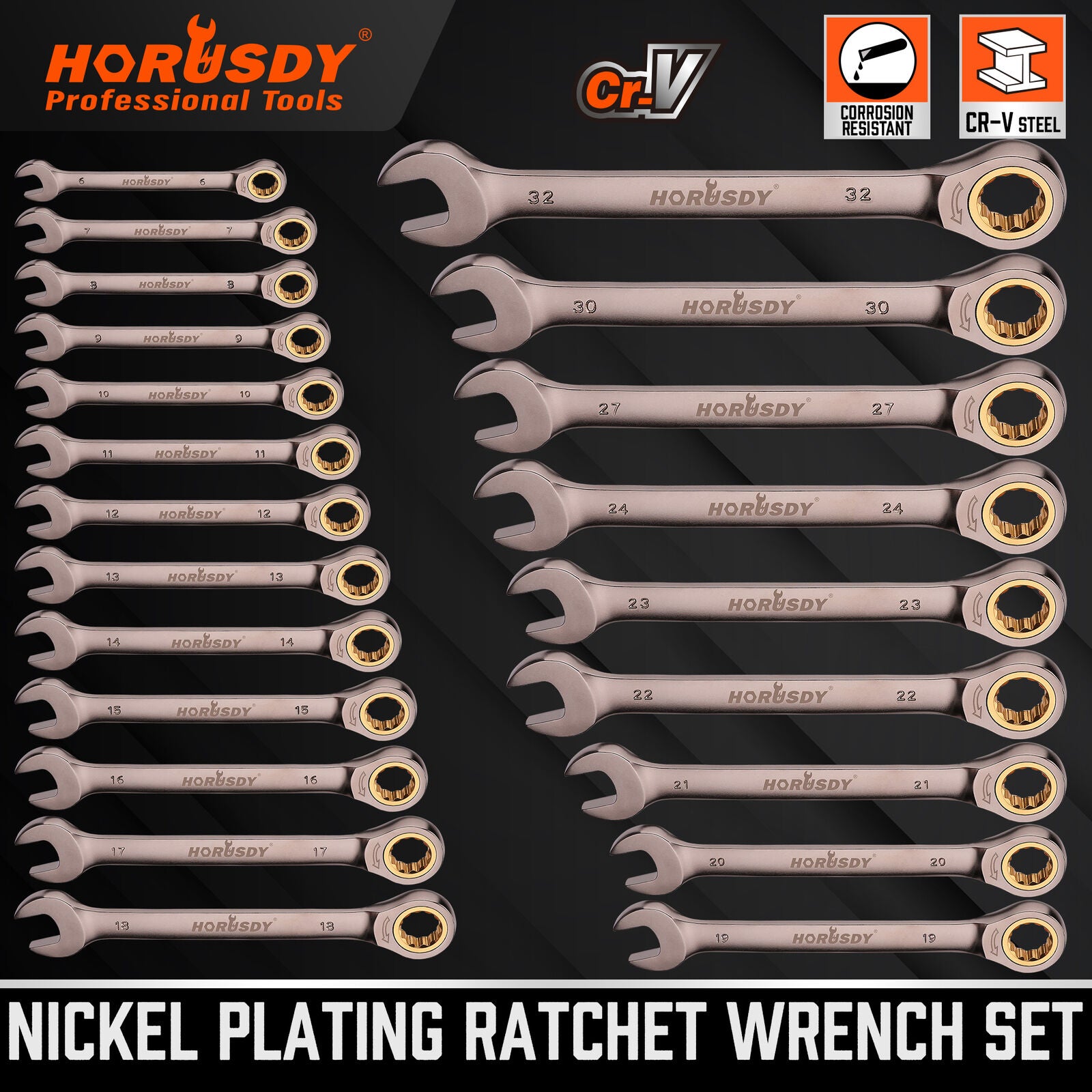 HORUSDY 6-32MM Ratchet Spanner Nickel Plating Ratcheting Spanners Metric Wrench