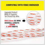 HORUSDY 1000 meter red and white high-visibility poly wire for electric fences, featuring UV-treated coating and stainless steel strands