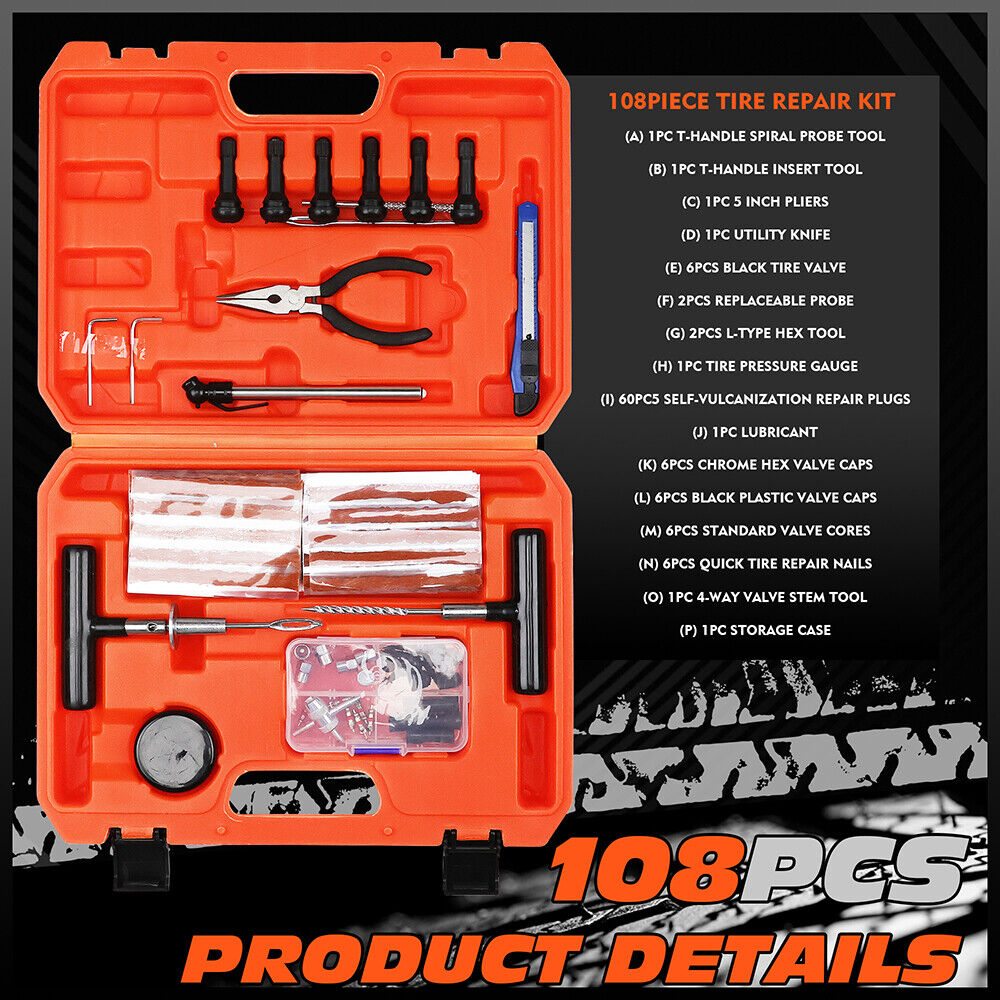 108-piece heavy duty tire repair kit with T-handle tools, pliers, utility knife, and tire plugs in a bright orange case"