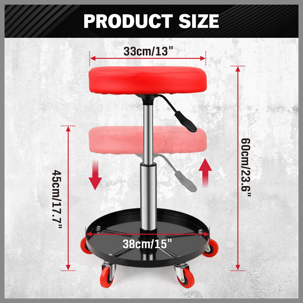 Dimensional Diagram of Red Mechanic Roller Stool with Adjustable Pneumatic Height