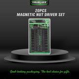 20-piece magnetic nut driver set with CR-V steel, featuring hex bit sockets and magnetic adapters, suitable for electric drills and screwdrivers