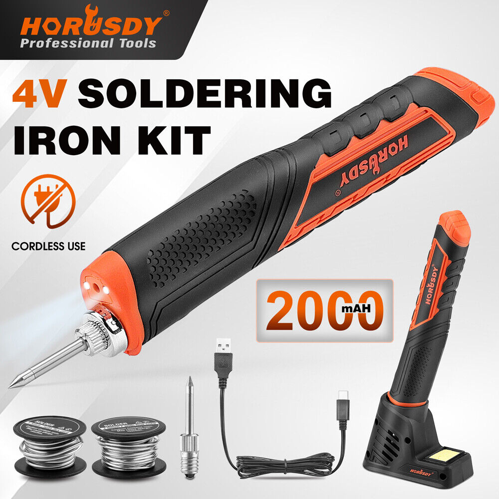 Cordless soldering iron kit with rechargeable 2000mAh battery, quick heating feature, and LED light