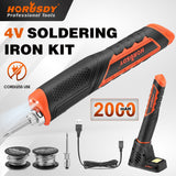 Cordless soldering iron kit with rechargeable 2000mAh battery, quick heating feature, and LED light