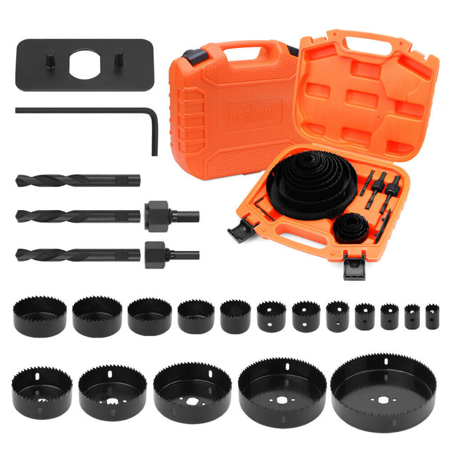 Horsdsy 24-piece hole saw kit with high carbon steel blades, including various sizes for wood, drywall, and PVC cutting, stored in a durable carrying case.