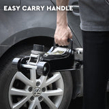 HORUSDY 2.5-ton hydraulic floor trolley jack with steel casters, large saddle, wide lift range, and carry handle for car repair and tyre replacement.