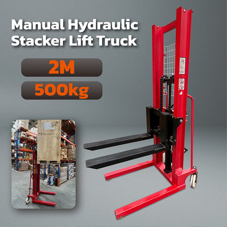 Manual hydraulic stacker lift truck, with 2m lift height and 500kg capacity. Ideal for material handling in warehouses and workshops, featuring durable red frame, compact design, and easy maneuverability