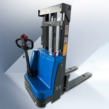 Battery-powered walkie stacker with 2.5m lift height and 1500kg load capacity. Ideal for efficient material handling in warehouses, featuring ergonomic design, easy maneuverability, and high lifting performance.
