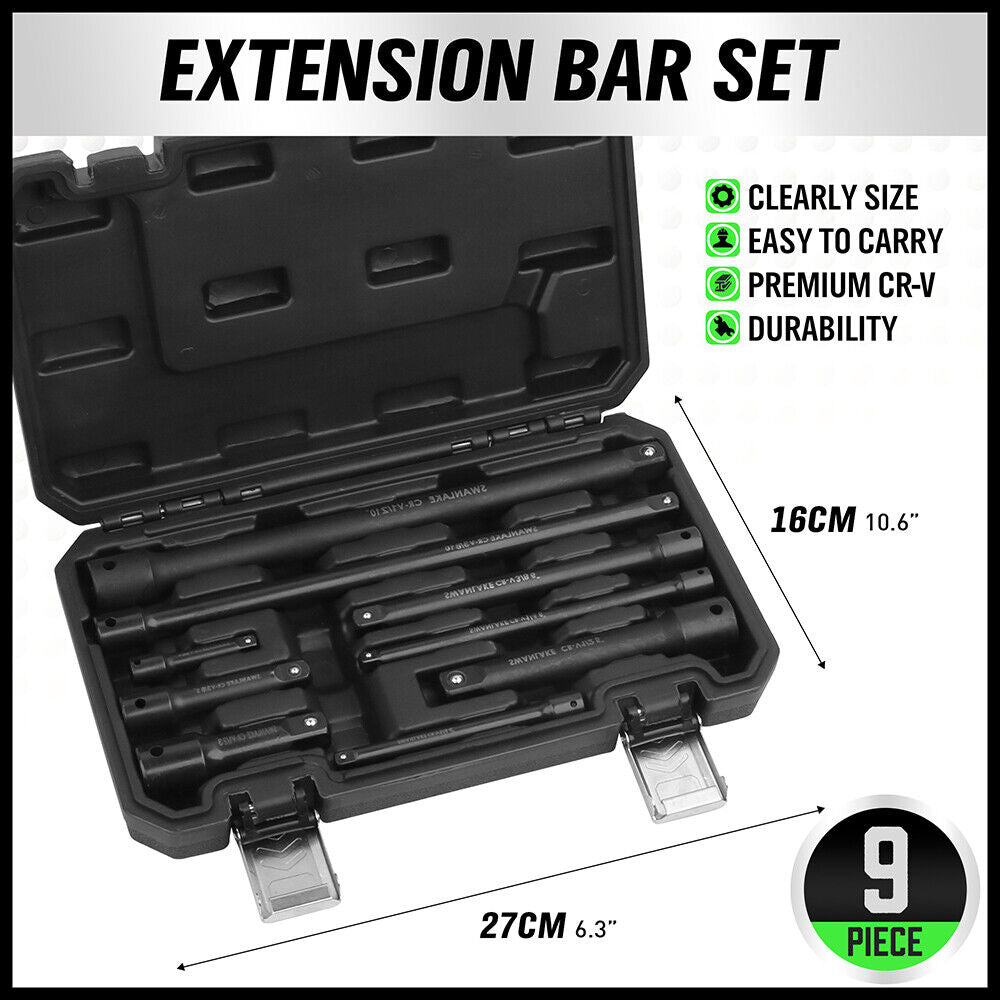 SWANLAKE 9Pcs Extension Bar Set 1/4" 3/8" 1/2" Black Drive Socket Automotive Tools