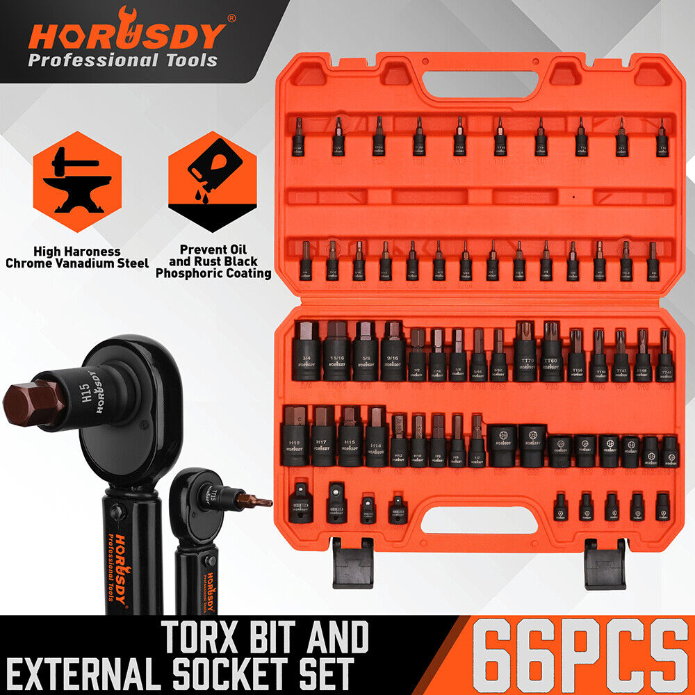 Horusdy 66-piece Torx bit and external socket set, chrome vanadium steel, with black phosphoric coating