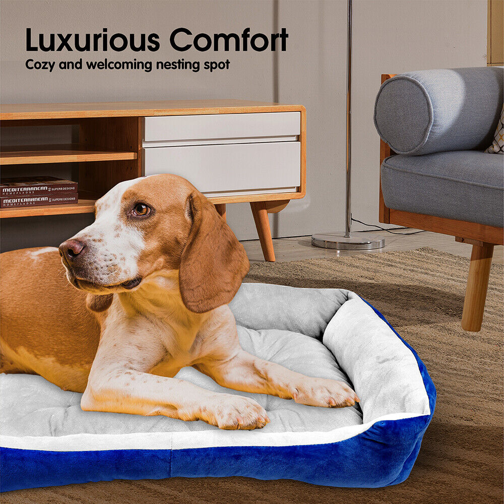 Vaka Dog Calming Bed in L, XL, XXL sizes, showcasing included free blankets and plush dog toy for the ultimate pet comfort.