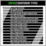 SWANLAKE 90PC Pegboard Hooks Storage Bin Hanger Locks Parts Holder Steel Tray Organizer