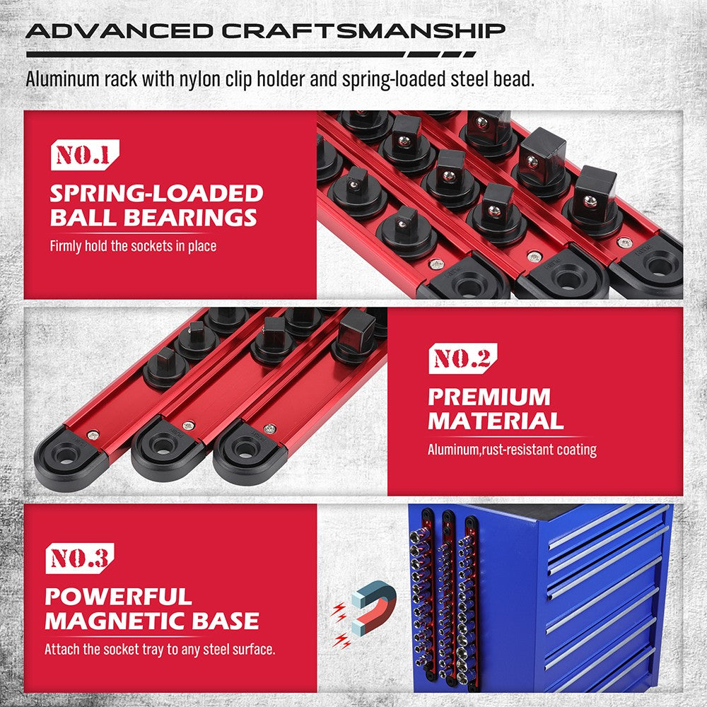 Magnetic socket organizer set with detachable trays for 1/4", 3/8", and 1/2" drive sockets. Ideal for garage tool organization.