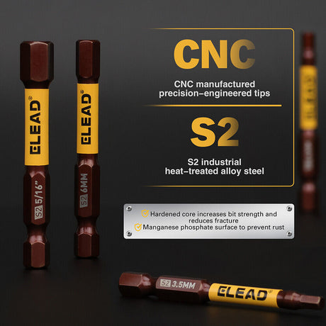 ELEAD 21-piece hex bit set with magnetic tips, made from durable S2 alloy steel for impact resistance and precision in heavy-duty applications.