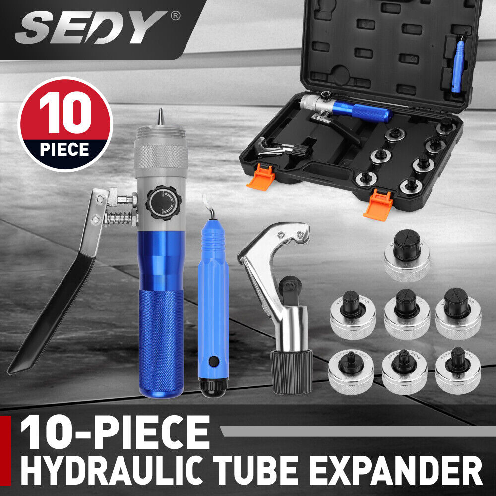 10-piece hydraulic tube expander kit with multiple expander heads, pipe cutter, deburring tool, and durable case for copper, aluminum, and titanium pipes.