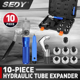 10-piece hydraulic tube expander kit with multiple expander heads, pipe cutter, deburring tool, and durable case for copper, aluminum, and titanium pipes.