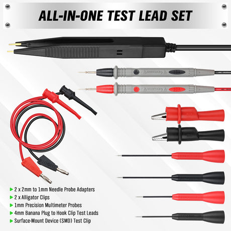 Multimeter test leads set with probes, alligator clips, and tweezers for precise electrical testing and circuit diagnostics.