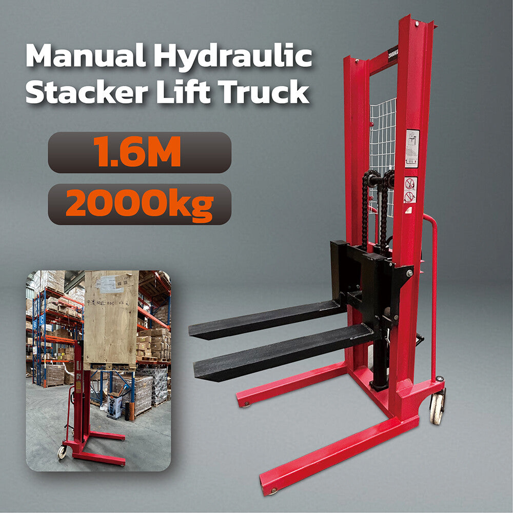  Manual hydraulic stacker lift truck with a 2000kg capacity and 1.6m lifting height, ideal for warehouse and industrial lifting tasks.