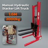  Manual hydraulic stacker lift truck with a 2000kg capacity and 1.6m lifting height, ideal for warehouse and industrial lifting tasks.