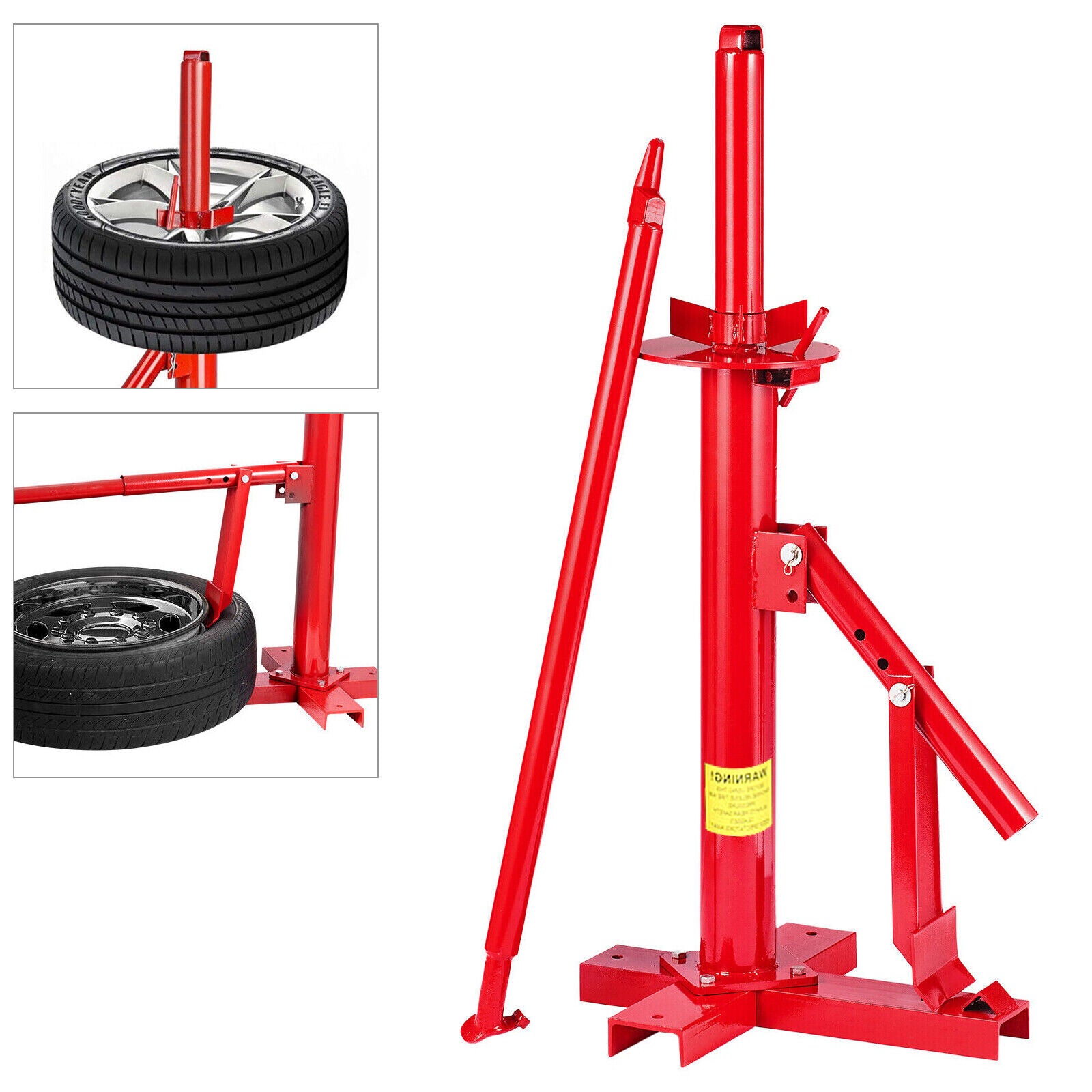 Portable manual tire changer bead breaker tool for cars, trucks, and motorcycles, featuring a durable red steel frame for easy tire removal and installation.