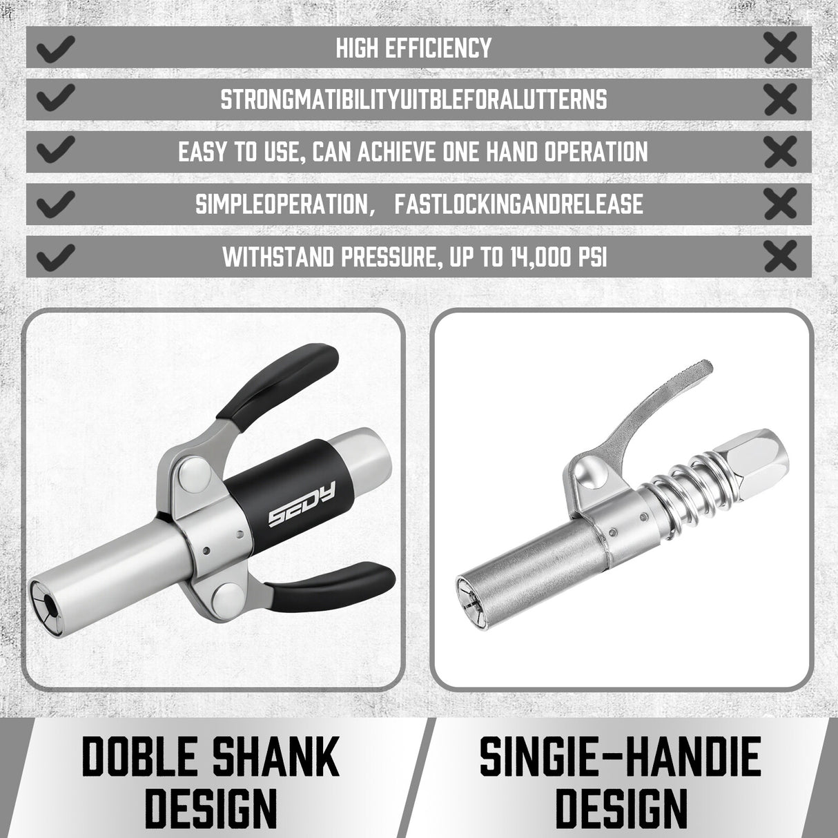 HORUSDY self-locking grease coupler with dual handle, 6-jaw reinforced design, supports M6 to M14 fittings, for high-pressure lubrication up to 14000 PSI