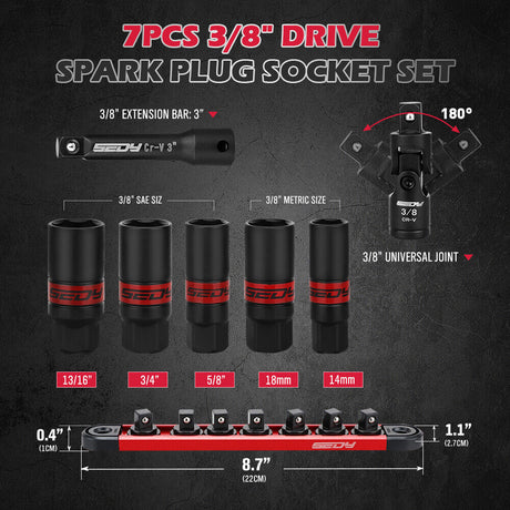 Professional 7-piece spark plug socket set with magnetic rail, 6-point design & corrosion-resistant finish - HORUSDY Australia