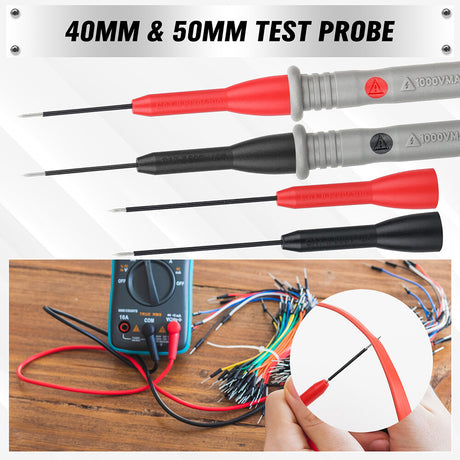 Multimeter test leads set with probes, alligator clips, and tweezers for precise electrical testing and circuit diagnostics.