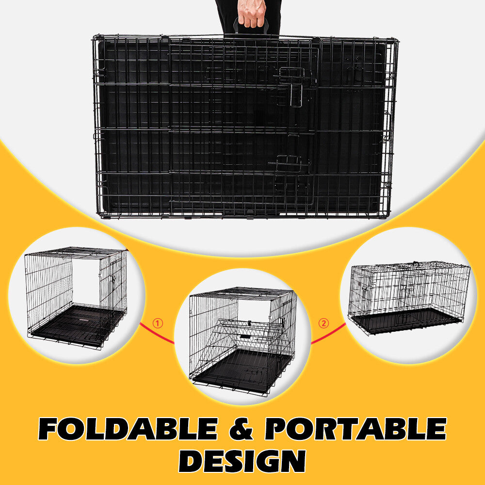 Foldable 24-inch dog cage with 3 doors, divider panel, leak-proof plastic tray, sturdy metal frame, and portable design for safe and comfortable pet housing.