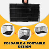 Foldable 24-inch dog cage with 3 doors, divider panel, leak-proof plastic tray, sturdy metal frame, and portable design for safe and comfortable pet housing.