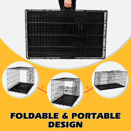 Foldable 24-inch dog cage with 3 doors, divider panel, leak-proof plastic tray, sturdy metal frame, and portable design for safe and comfortable pet housing.