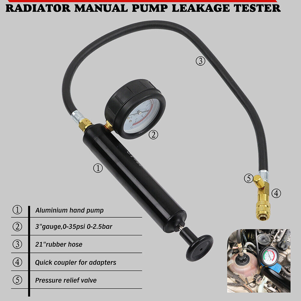 34pc pneumatic coolant pressure tester vacuum cooling system purge and refill kit with various radiator adapters, hose, and storage case