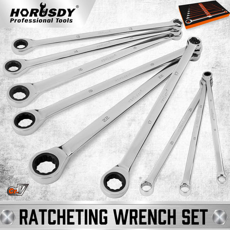 Professional 9-piece ratcheting wrench set with 72-tooth mechanism, rust-resistant polish & extra-long handles - HORUSDY Australia