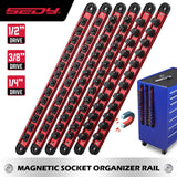 Magnetic socket organizer set with detachable trays for 1/4", 3/8", and 1/2" drive sockets. Ideal for garage tool organization.