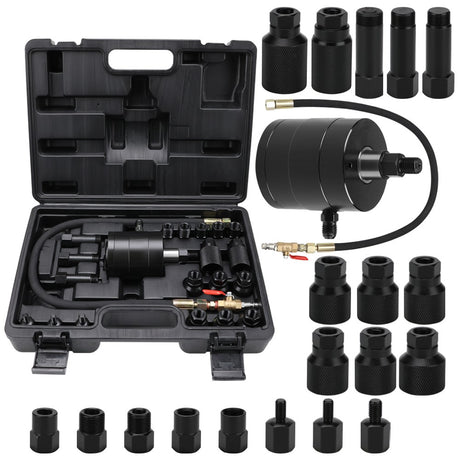 Heavy-duty pneumatic injector puller set with air hammer, adapters, hose, and storage case for stuck diesel injector removal