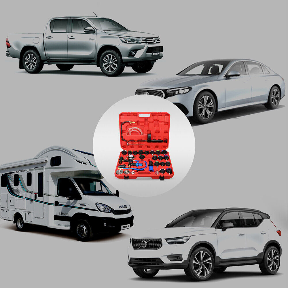 34pc pneumatic coolant pressure tester vacuum cooling system purge and refill kit with various radiator adapters, hose, and storage case