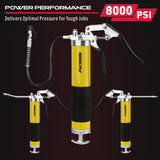 SEDY 17-piece grease gun kit with pistol handle, flexible spring hose, locking coupler, nozzles, and grease canister for heavy-duty lubrication work.