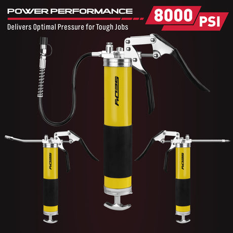 SEDY 17-piece grease gun kit with pistol handle, flexible spring hose, locking coupler, nozzles, and grease canister for heavy-duty lubrication work.