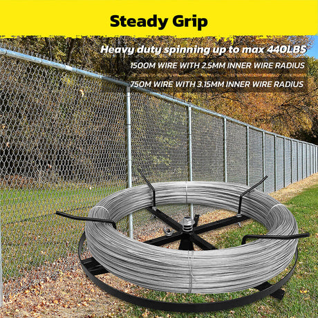 Wire spinner with 360° rotation, adjustable arms for varying coil diameters (33cm to 57cm), and 440 lbs weight capacity. Durable and stable for wire management.