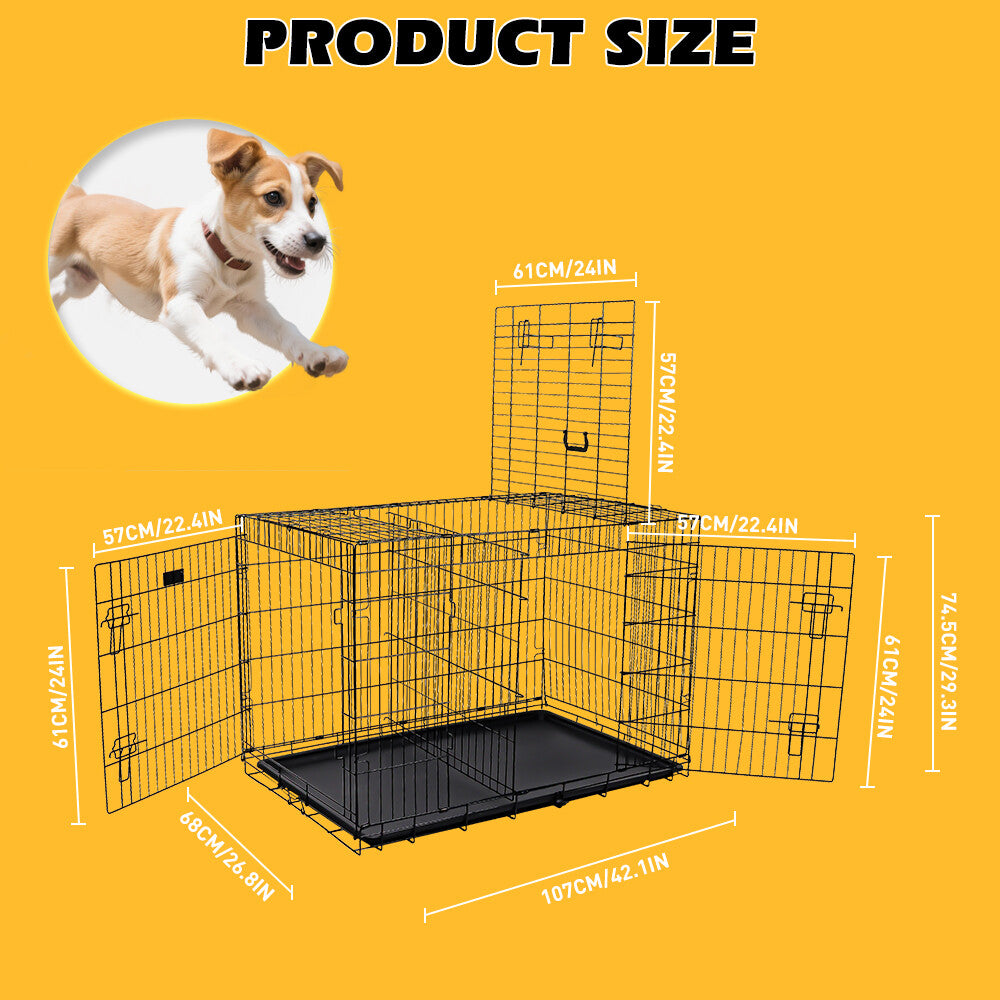 Foldable 24-inch dog cage with 3 doors, divider panel, leak-proof plastic tray, sturdy metal frame, and portable design for safe and comfortable pet housing.