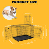 Foldable 24-inch dog cage with 3 doors, divider panel, leak-proof plastic tray, sturdy metal frame, and portable design for safe and comfortable pet housing.