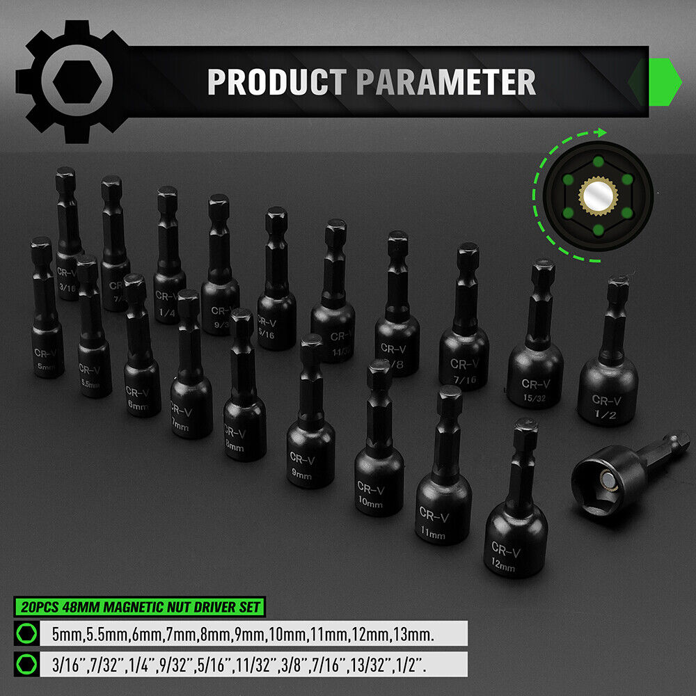 20-piece magnetic nut driver set with CR-V steel, featuring hex bit sockets and magnetic adapters, suitable for electric drills and screwdrivers