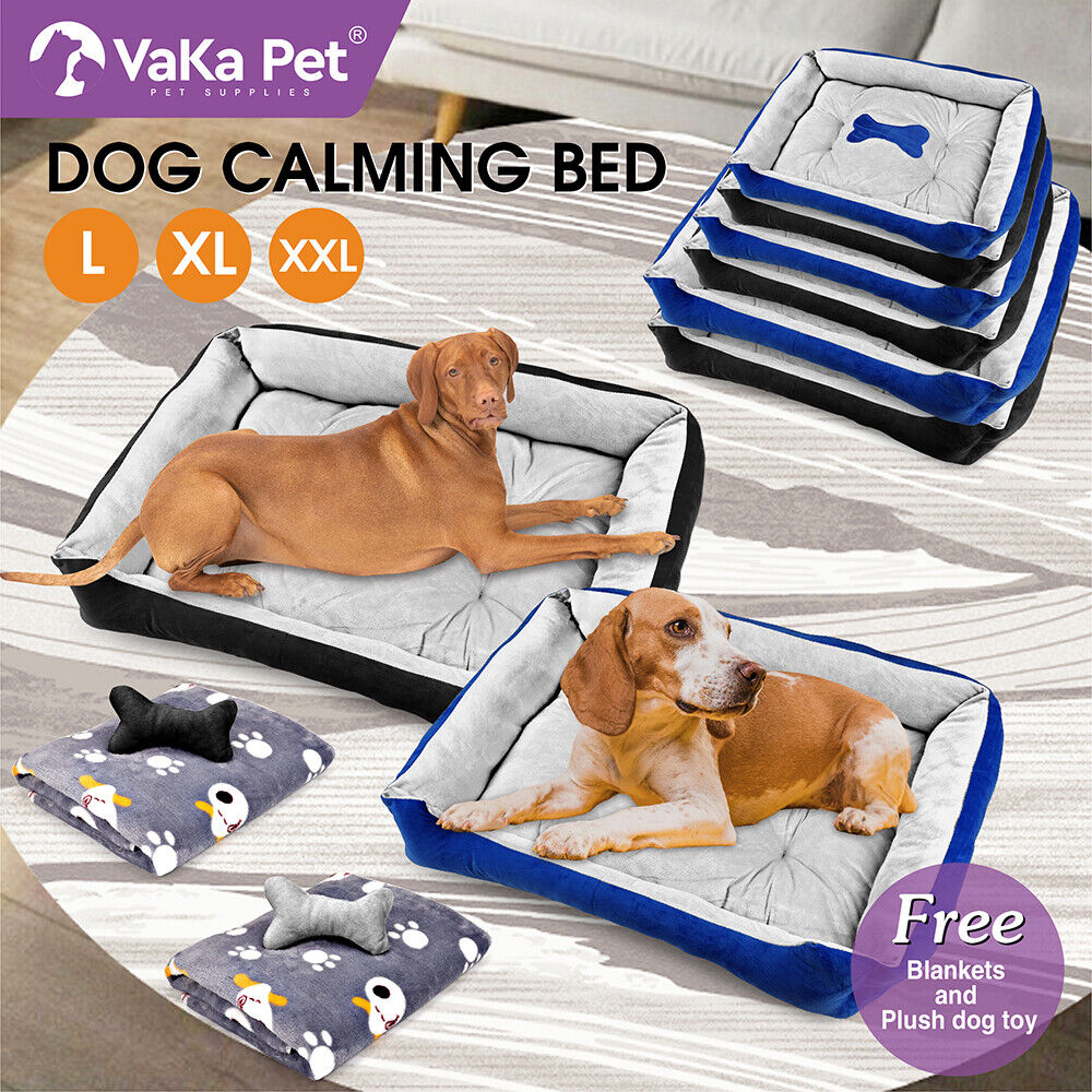 Vaka Dog Calming Bed in L, XL, XXL sizes, showcasing included free blankets and plush dog toy for the ultimate pet comfort.