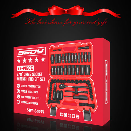 SEDY 96-piece 3/8-inch drive impact socket set with SAE & metric sizes, screwdriver bits, extension bar, and universal joint in case