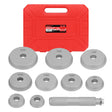 10-piece bearing race and seal driver tool kit with durable aluminum adapters, ideal for installing wheel bearings and seals in automotive repairs.