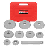 10-piece bearing race and seal driver tool kit with durable aluminum adapters, ideal for installing wheel bearings and seals in automotive repairs.