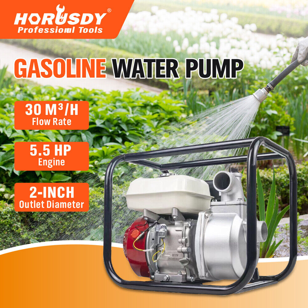 Gasoline water pump with 5.5HP engine, 30m³/h flow rate, 2-inch outlet, ideal for irrigation and high-efficiency water transfer
