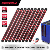 Magnetic socket organizer set with detachable trays for 1/4", 3/8", and 1/2" drive sockets. Ideal for garage tool organization.